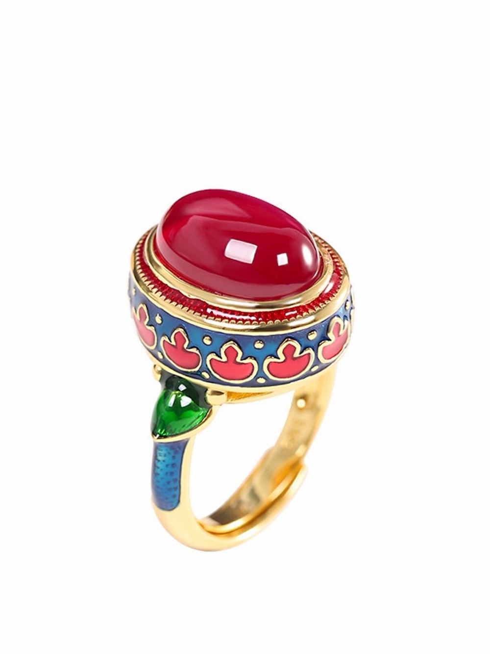 Adjustable vintage gold color Plated Red Cabochon & Enamel Statement Ring